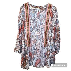 Cato Size X-Large Boho White Orange Paisley Kimono Embroidered Satin Mirror Trim